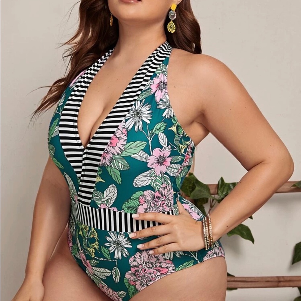 SOLD Tropical & Striped One Piece - Picture 2 of 4